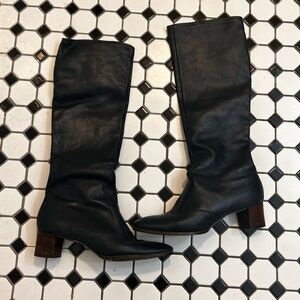 Navy blue leather calf high boots